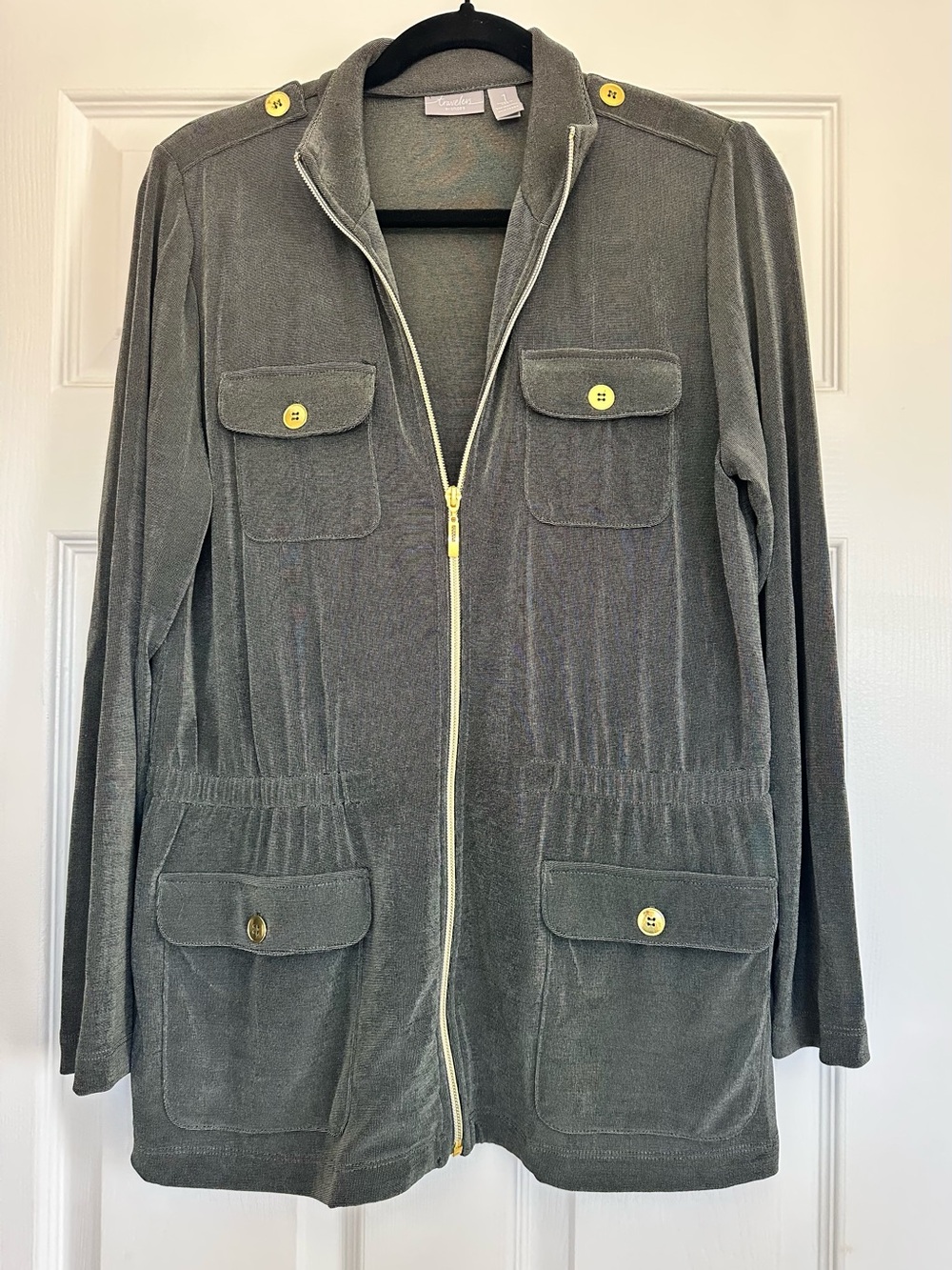 Travelers by Chico’s Green Utility Jacket Size 1 Gold Zip 4 Pocket